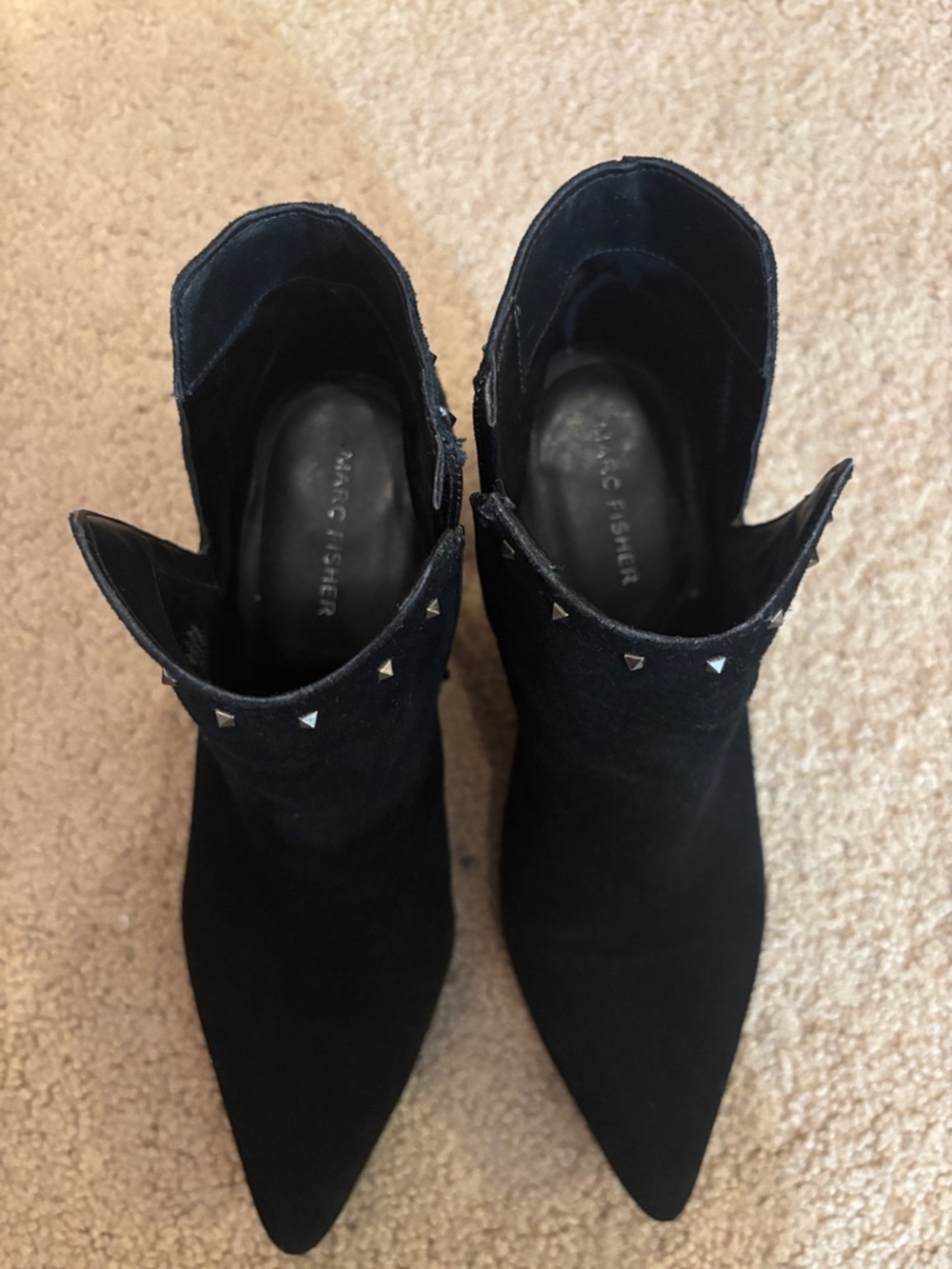 Marc Fisher Black Suede Pointed Ankle Booties with Stud Trim